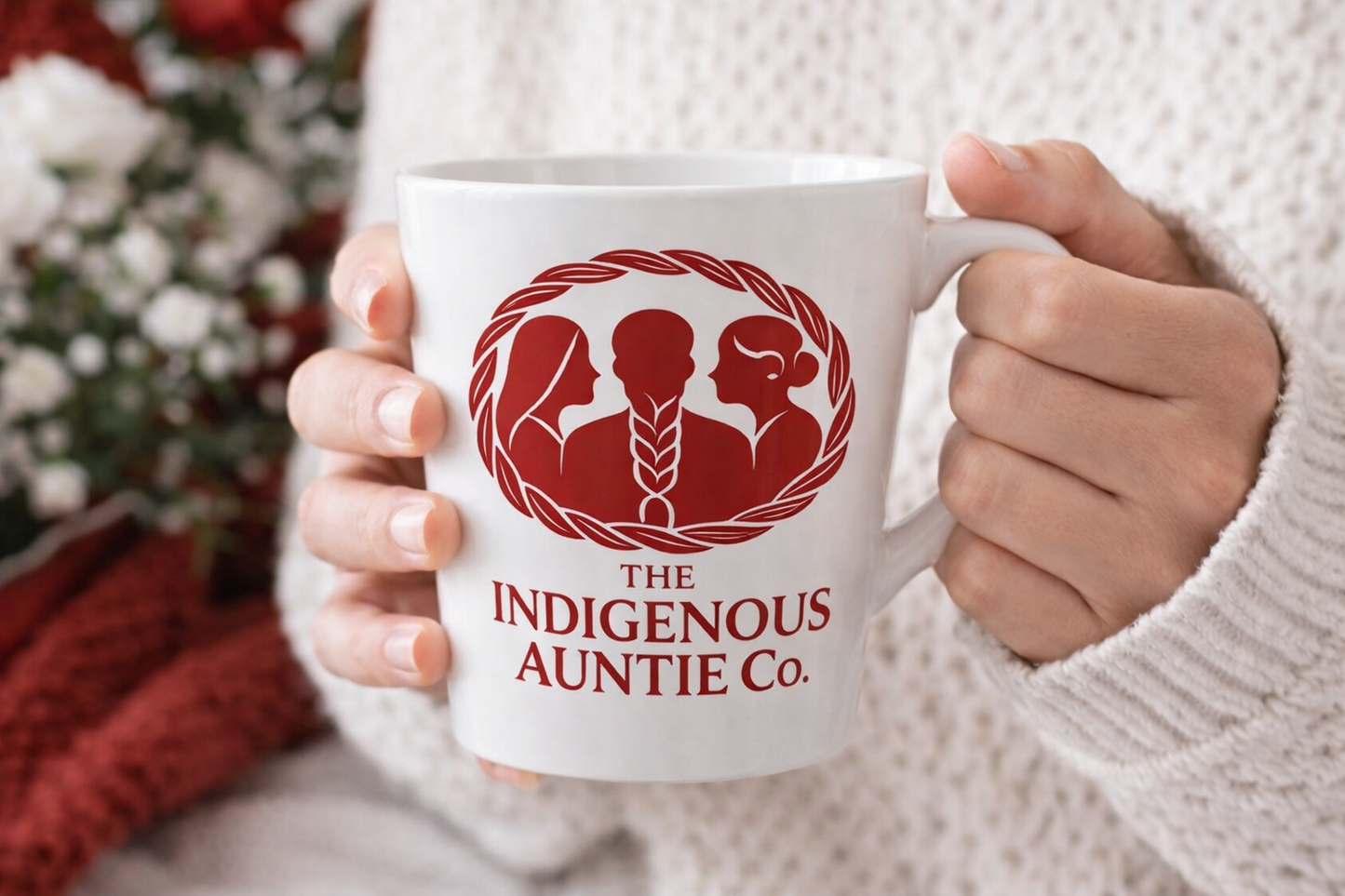The Indigenous Auntie Co. Valentines Day Red Logo Latte Mug